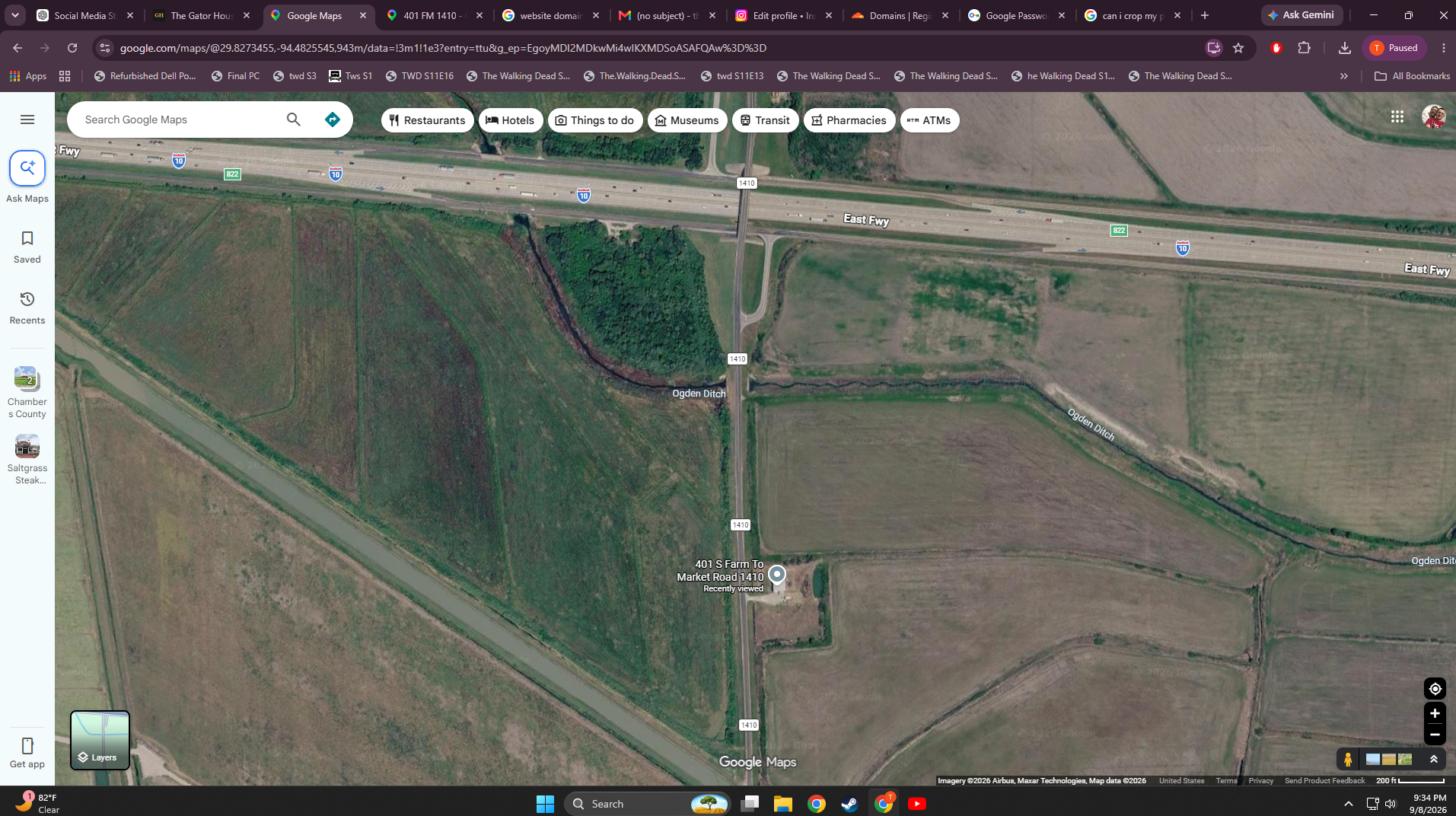 Satellite view of The Gator House property beside FM 1410, south of Interstate 10