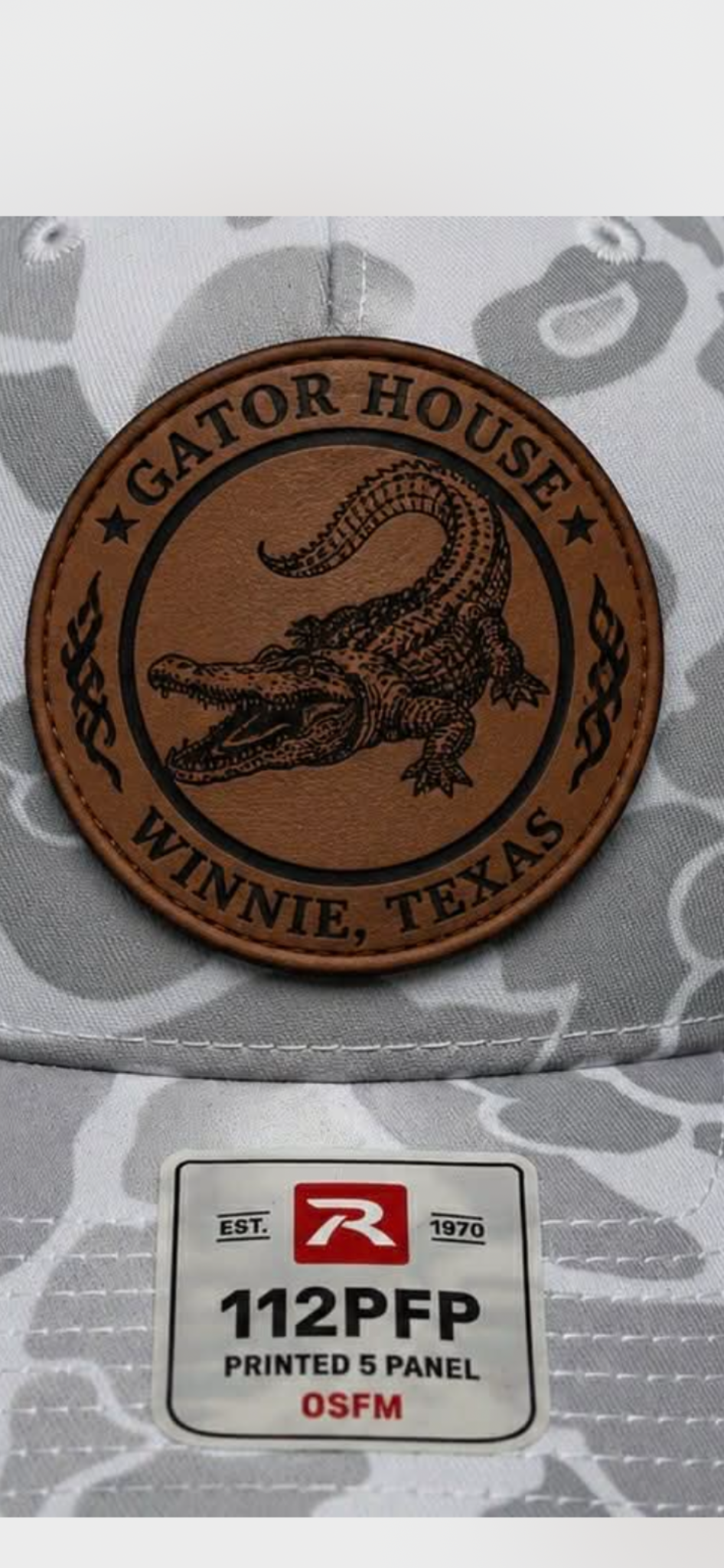 The Gator House leather patch logo, with an alligator and Winnie, Texas lettering